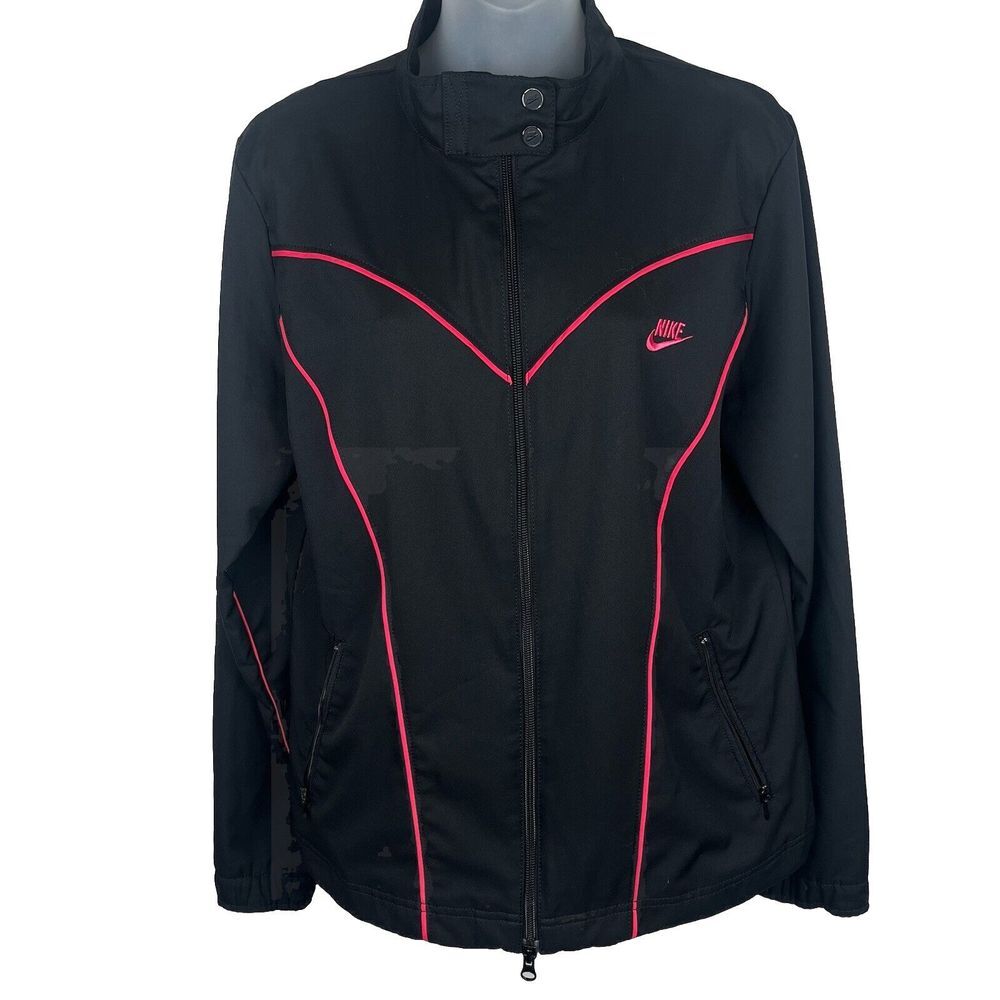Nike Track Jacket Black Full Zip‎ Pink Trim Snap Collar Y2K 2000s Women's Size L